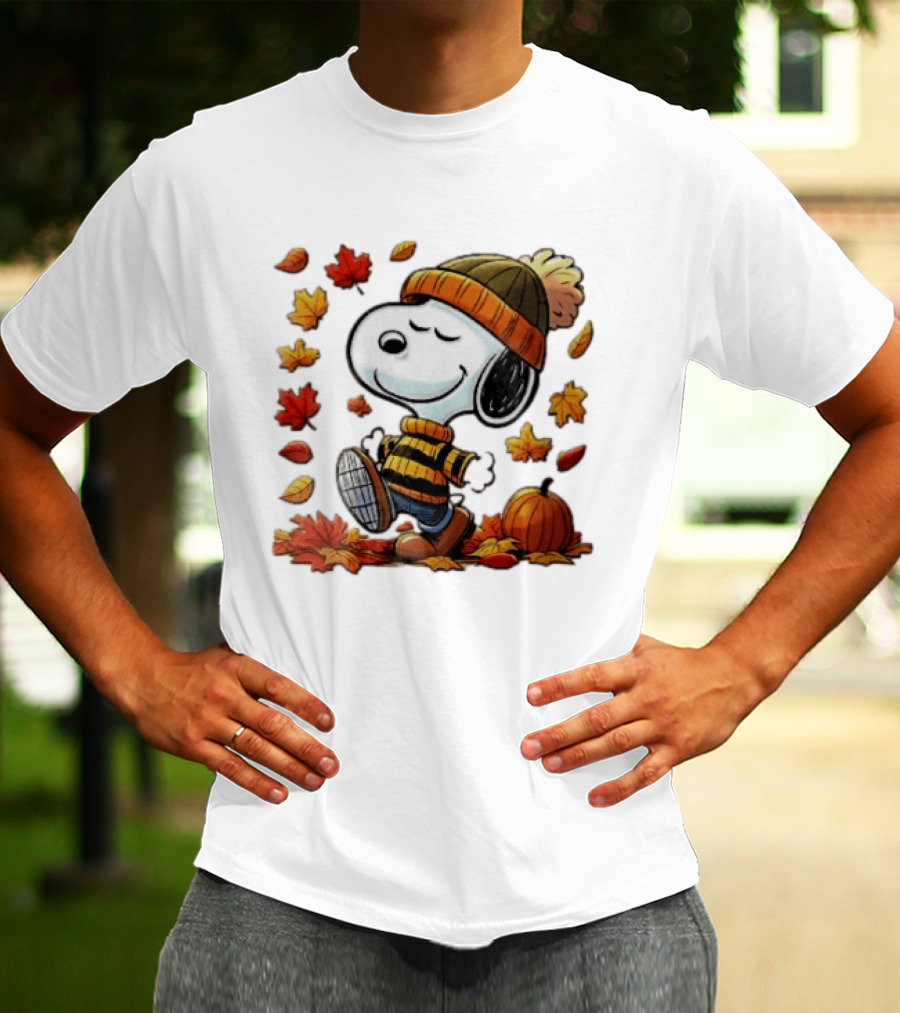 Snoopy Walking In Striped Beanie With Autumn Leaves And Pumpkin T-Shirt