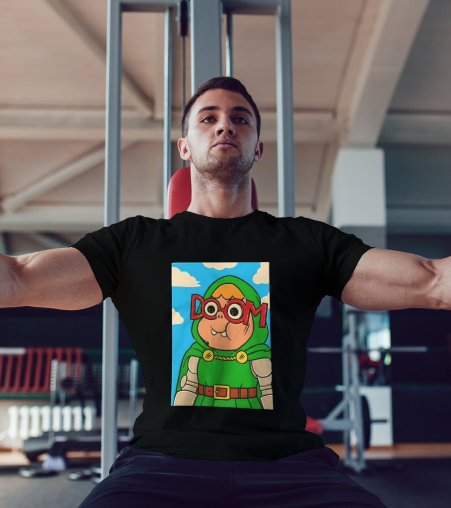 Clarence Doctor Doom Cartoon Crossover DOOM Glasses Green Hood Clouds T-Shirt