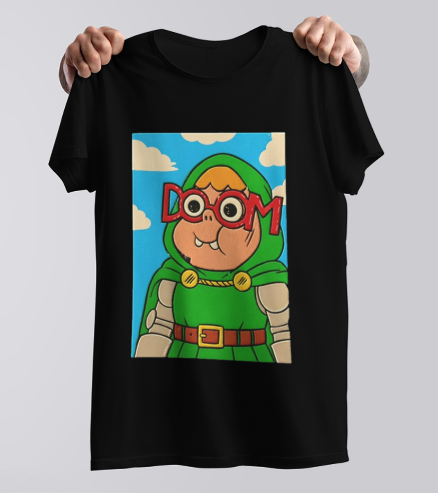 Clarence Doctor Doom Cartoon Crossover DOOM Glasses Green Hood Clouds T-Shirt