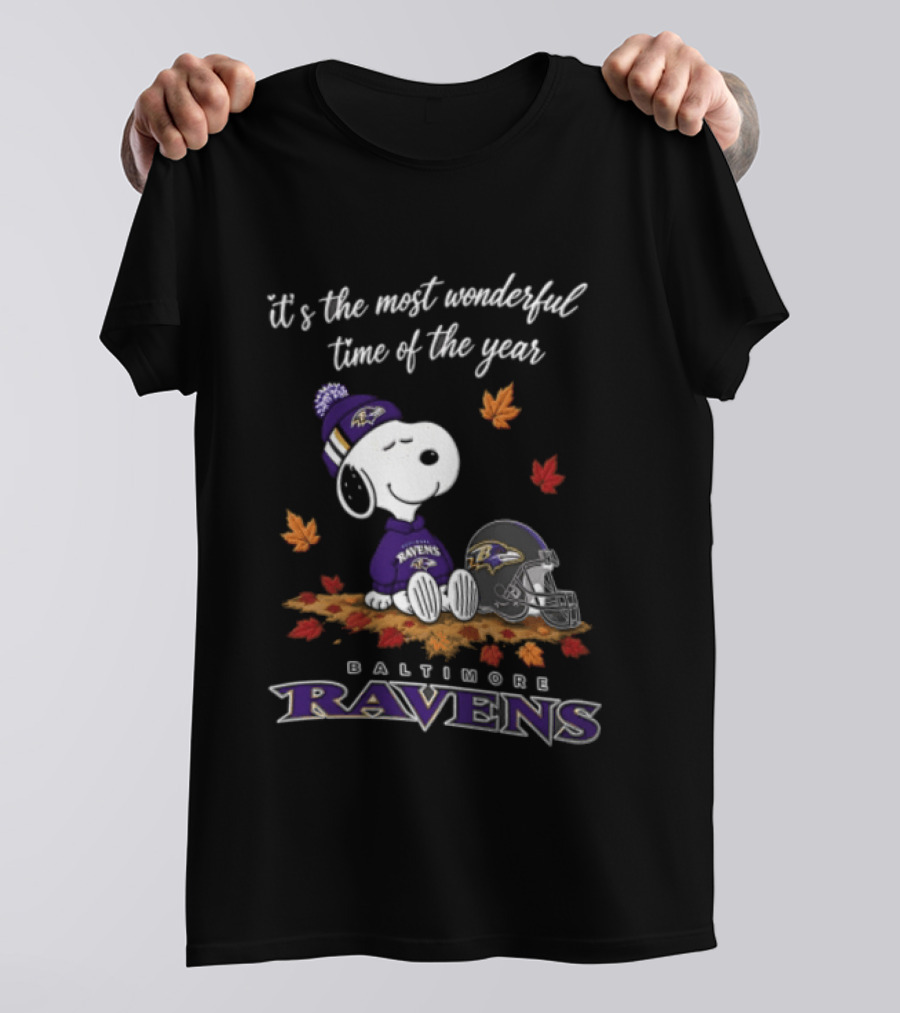It's The Most Wonderful Time Of The Year Snoopy Baltimore Ravens Beagle Beanie Helmet Autumn Leaves T-Shirt