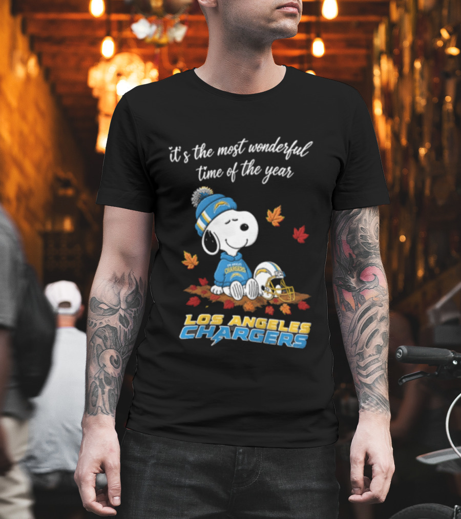 It's The Most Wonderful Time Of The Year Snoopy Los Angeles Chargers Beanie Autumn Leaves Football Helmet T-Shirt