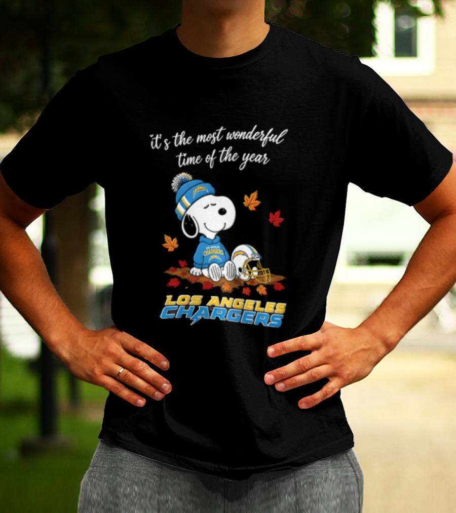 It's The Most Wonderful Time Of The Year Snoopy Los Angeles Chargers Beanie Autumn Leaves Football Helmet T-Shirt