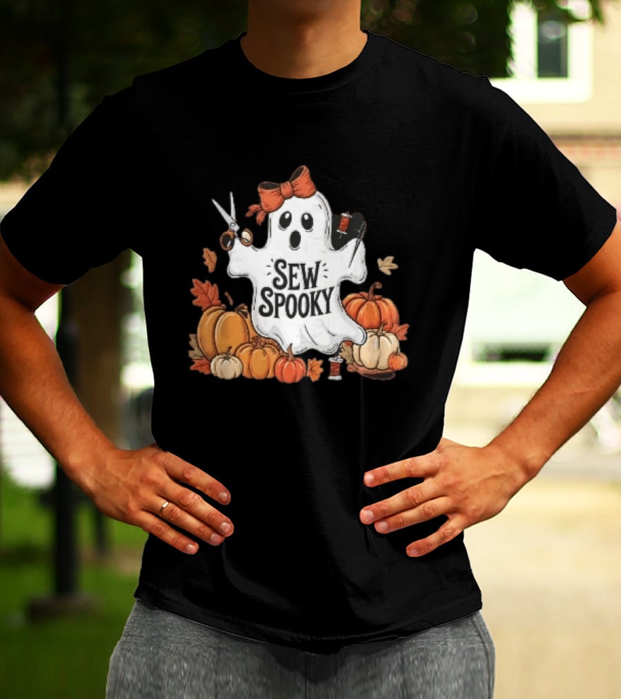 Sew Spooky Ghost With Bow Scissors Pumpkins Autumn Leaves Thread Spools T-Shirt