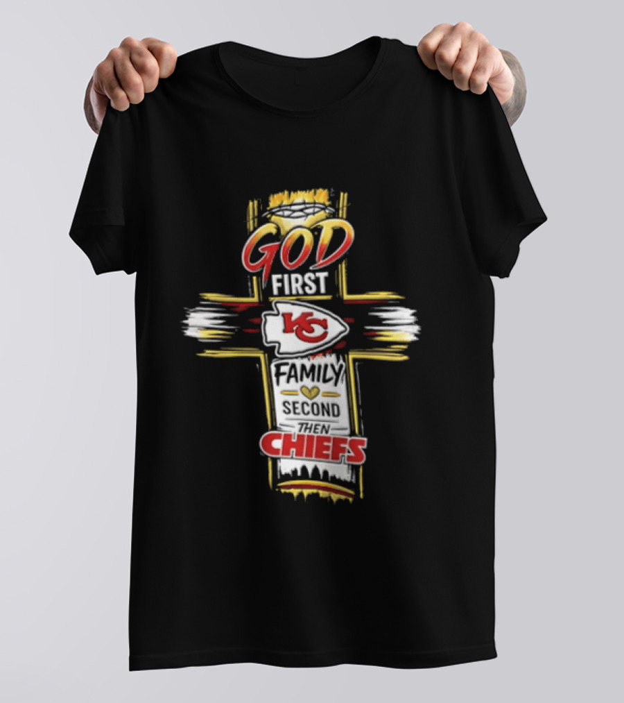 God First Family Second Kansas City Chiefs Cross Crown Of Thorns T-Shirt