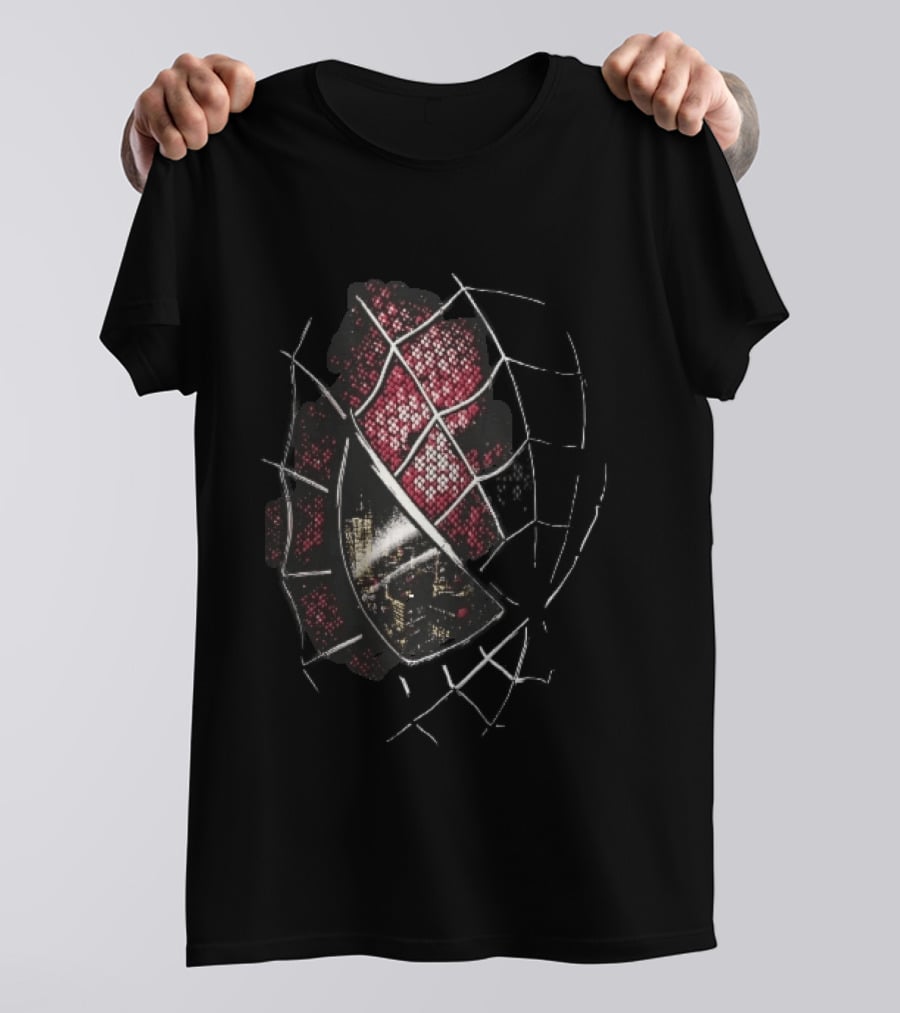 Spider Man Mask With City Skyline Reflection In Night Sketch Lines T-Shirt