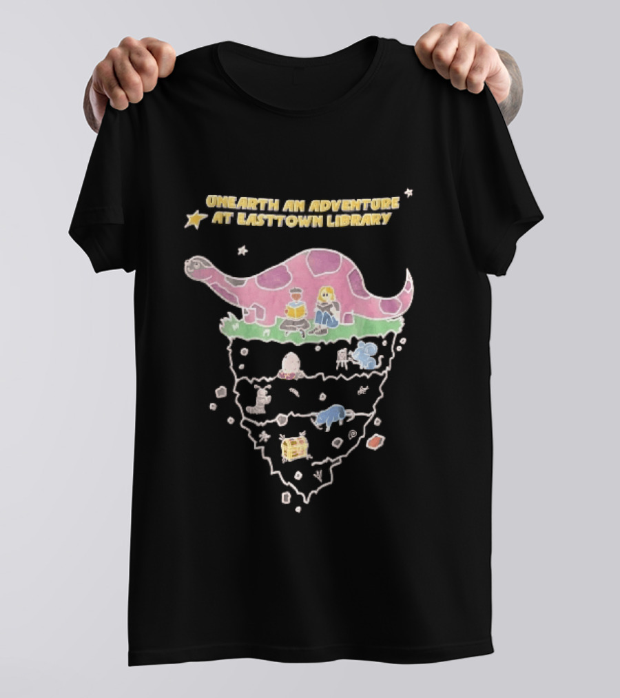 Unearth An Adventure At Easttown Library Pink Dinosaur Journey T-Shirt