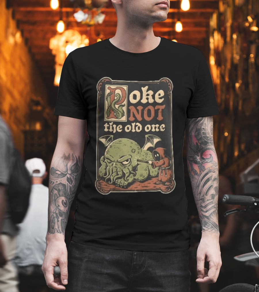 Poke Not The Old One Chibi Cthulhu Hooded Cultist Poking Stick Cartoon Frame T-Shirt