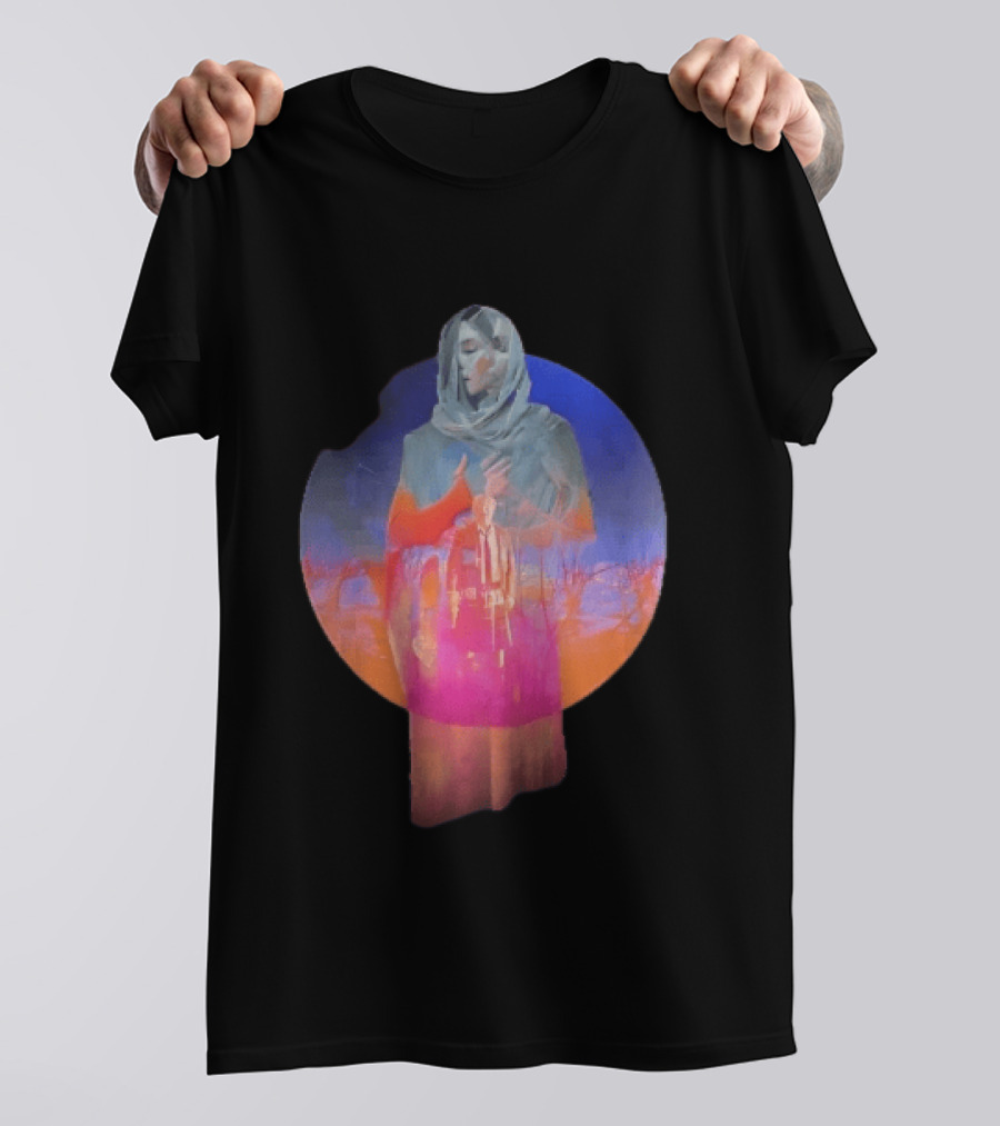 Veiled Hooded Cloak Double Exposure Bare Trees Glowing Sunset Globe T-Shirt