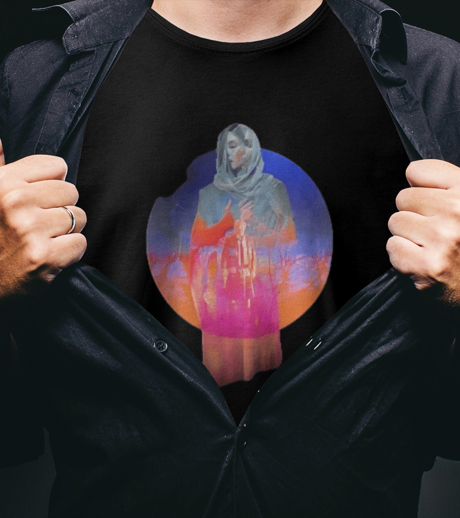 Veiled Hooded Cloak Double Exposure Bare Trees Glowing Sunset Globe T-Shirt