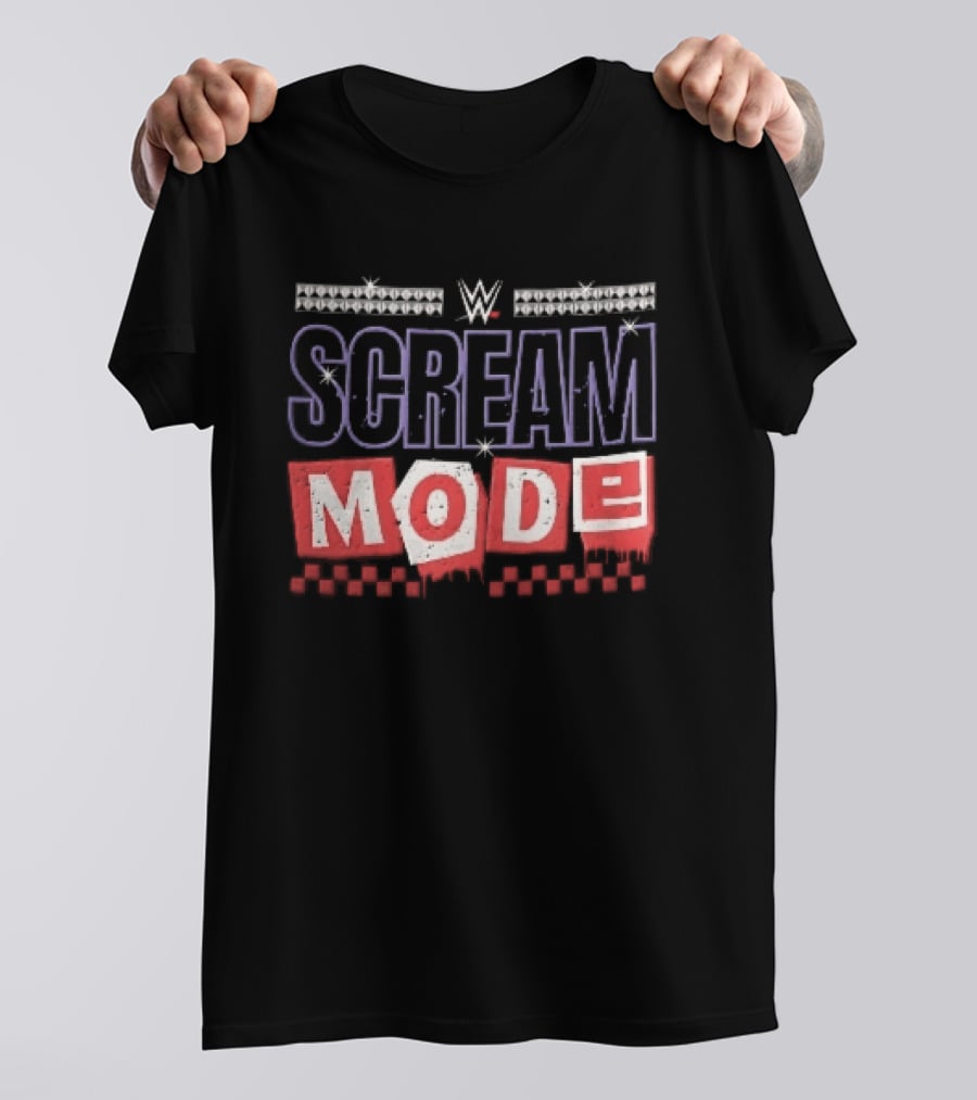 Scream Mode WWE Silver Studs Red Cutout Dripping Blocks Checkered T-Shirt