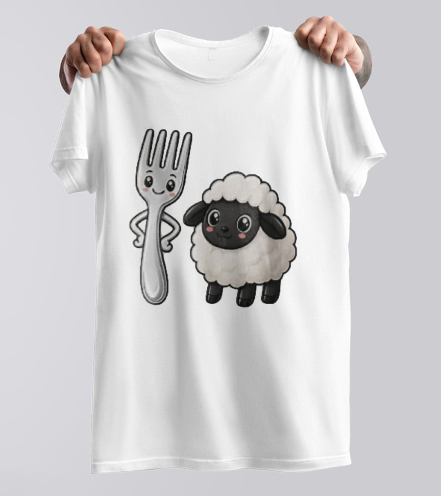Chibi Style Silver Fork And Cute Black Faced Lamb Cartoon T-Shirt
