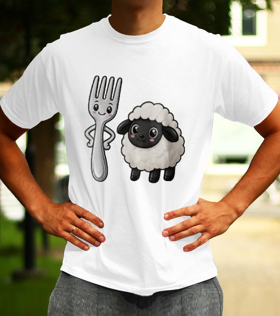 Chibi Style Silver Fork And Cute Black Faced Lamb Cartoon T-Shirt