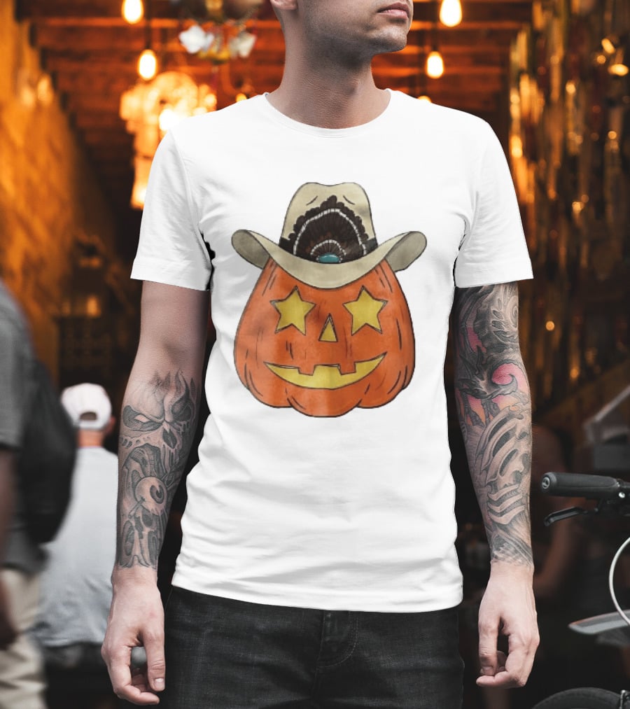 Starry Eyed Jack O Lantern Pumpkin Cowboy Hat Feather T-Shirt