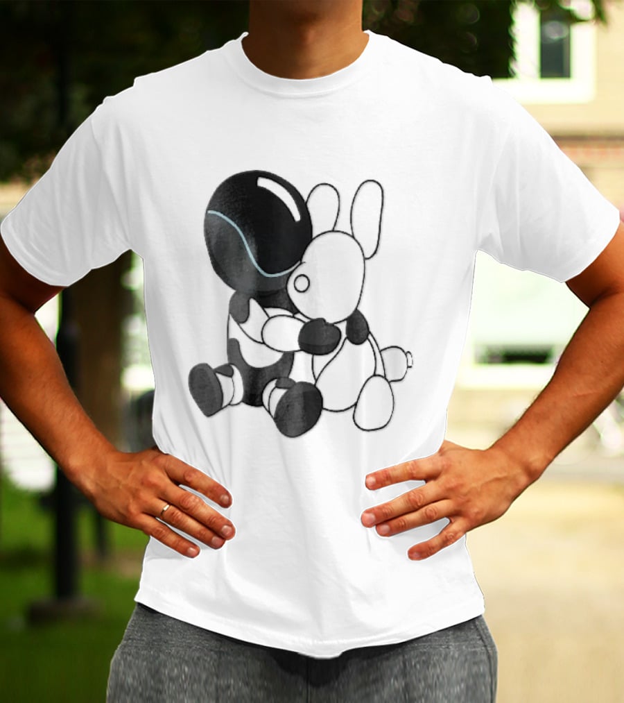 Cartoon Robot Embracing White Bunny Plush Toy T-Shirt