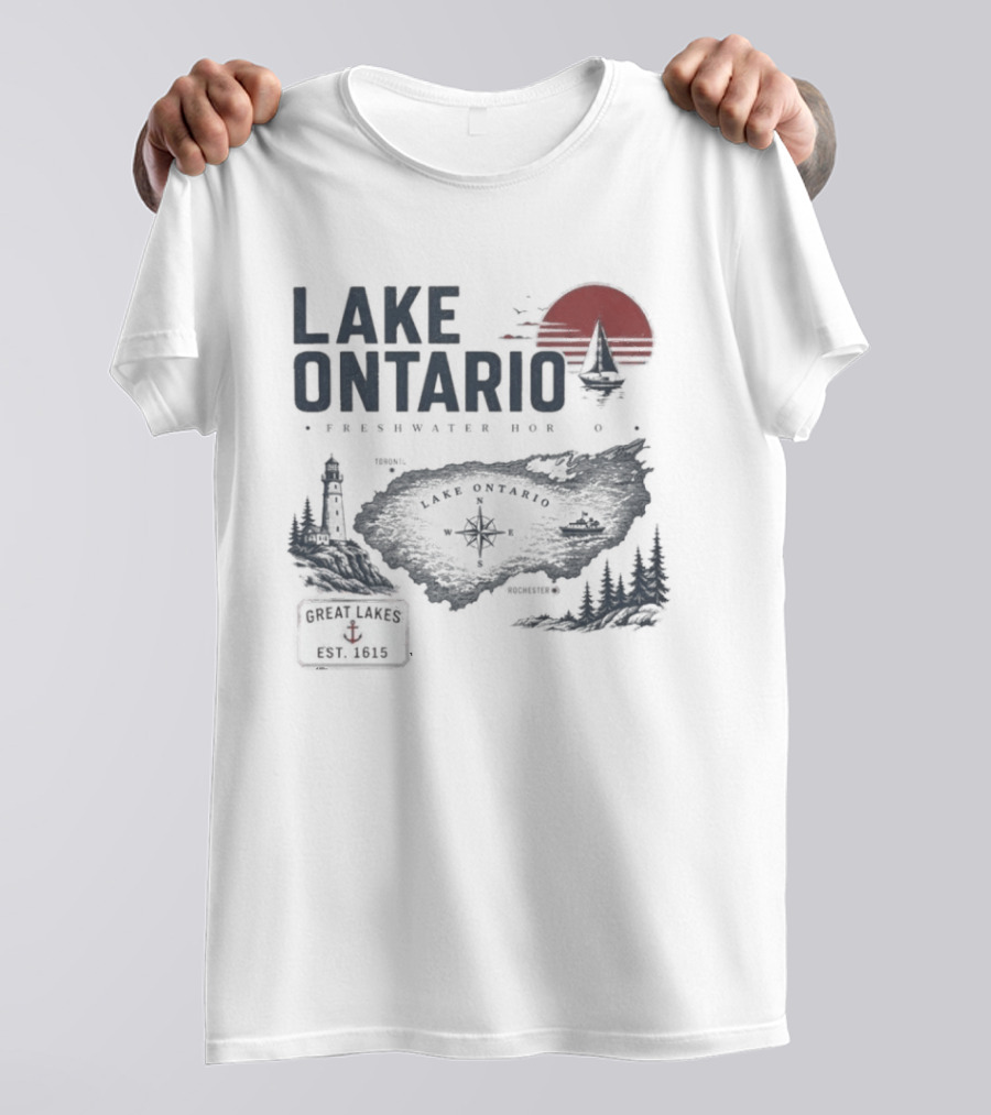 Lake Ontario Rochester Great Lakes Est 1615 Vintage Scenic Sunset License Plate Anchored Sailboat Lighthouse T-Shirt