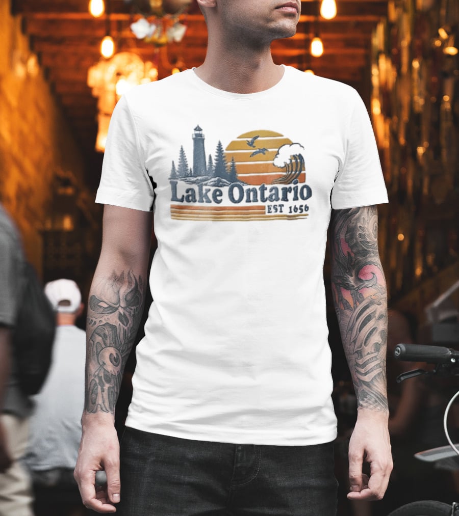 Lake Ontario Est 1656 Sunset Lighthouse Pine Trees Wave Scene T-Shirt