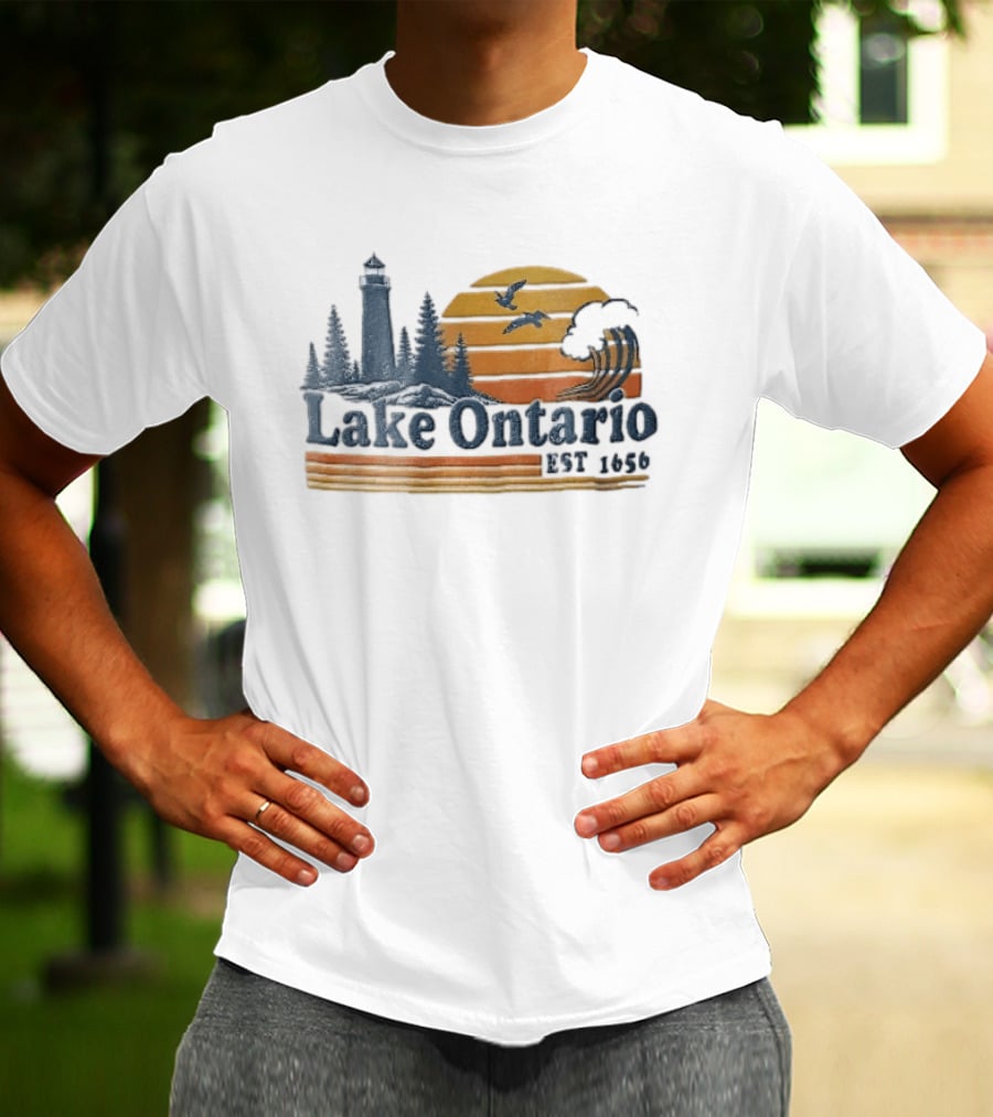 Lake Ontario Est 1656 Sunset Lighthouse Pine Trees Wave Scene T-Shirt