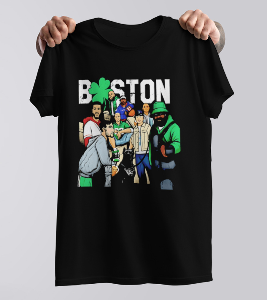 Boston Celtics Patriots Players With Shamrock And Boston T-Shirt