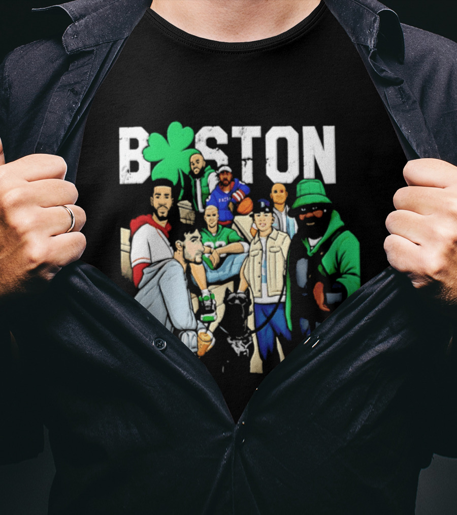 Boston Celtics Patriots Players With Shamrock And Boston T-Shirt