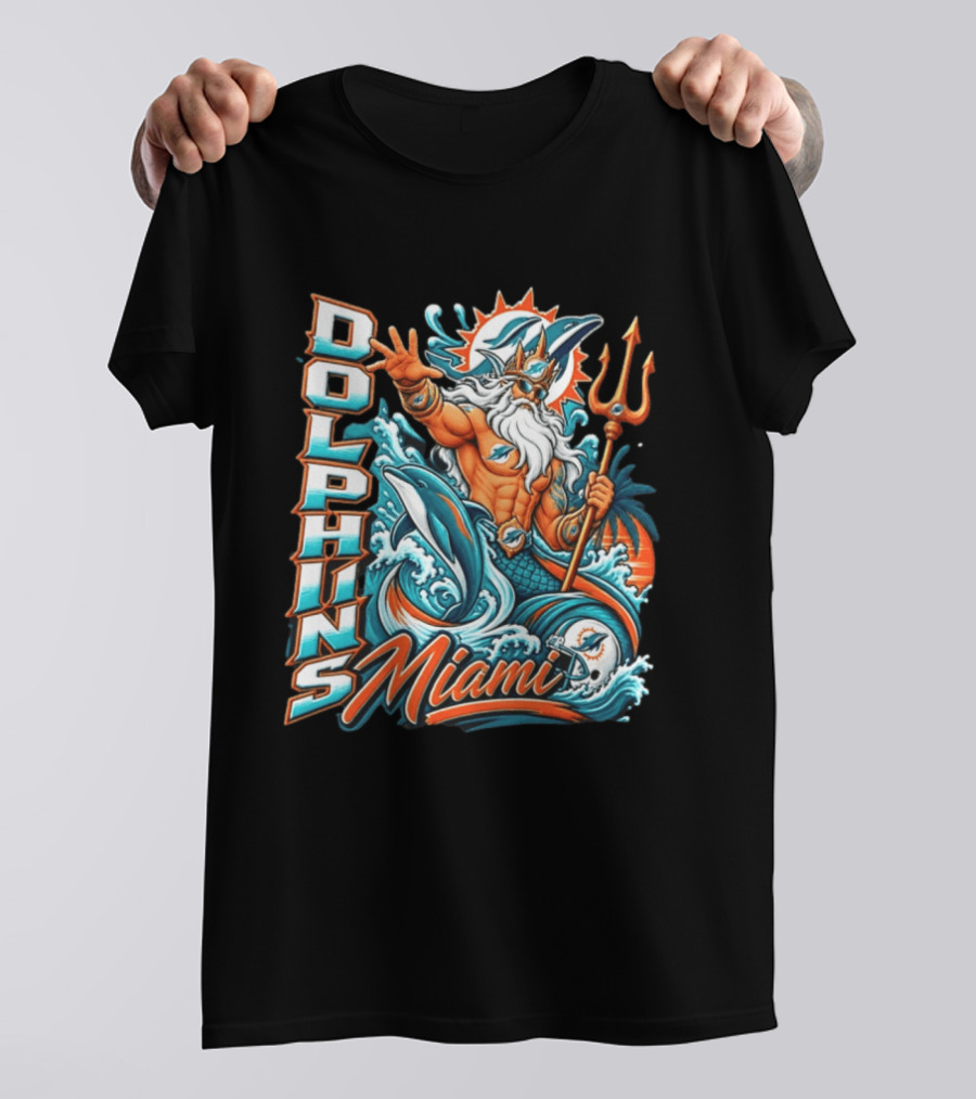 Miami Dolphins King Triton Ocean Waves Trident Dolphins T-Shirt