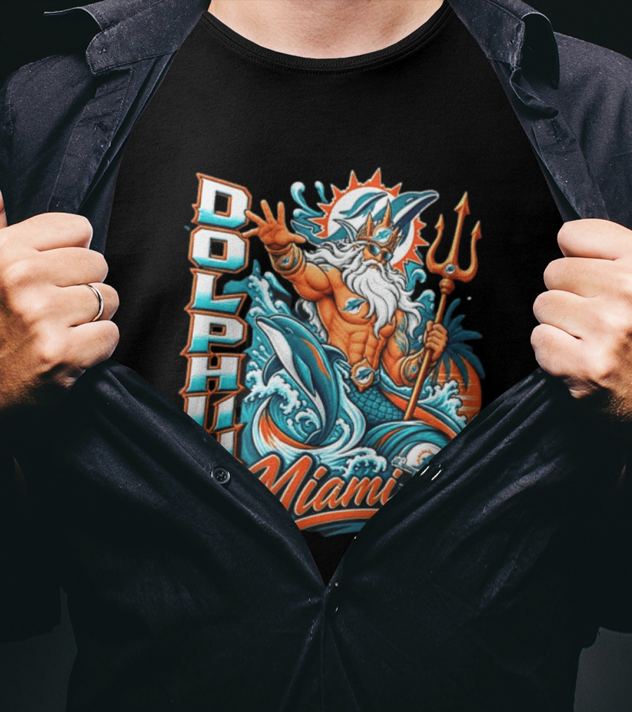 Miami Dolphins King Triton Ocean Waves Trident Dolphins T-Shirt