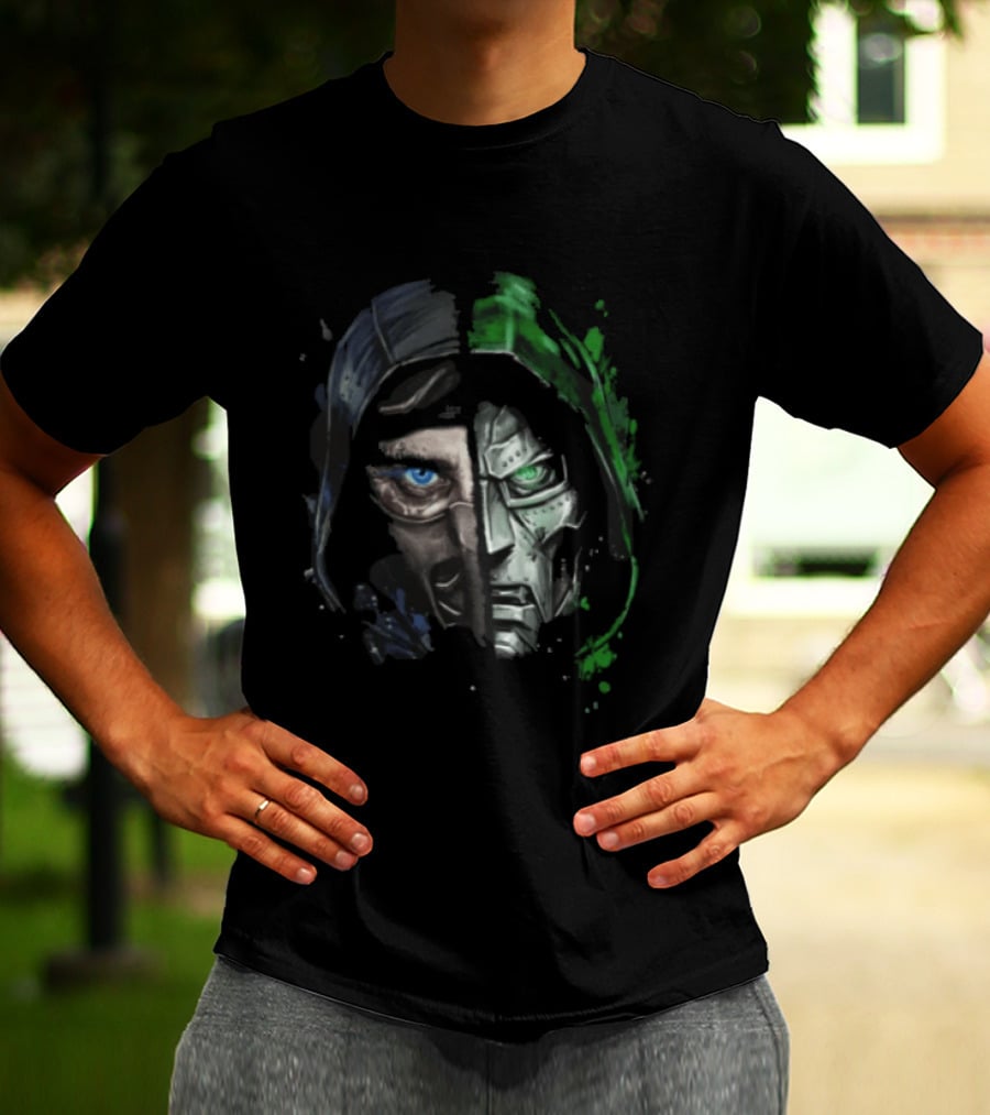 Doctor Doom Sub Zero Split Face Hooded Mask Paint Splatter T-Shirt