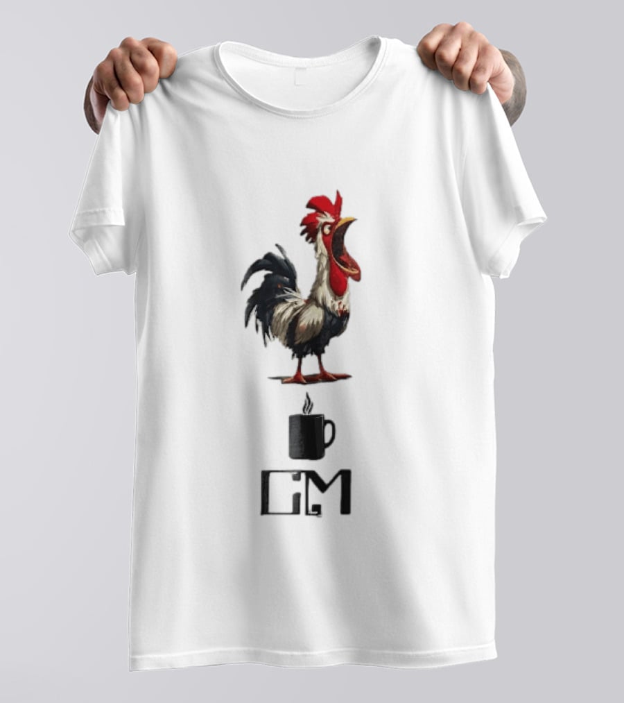 GM Cartoon Crowing Rooster Steaming Black Coffee T-Shirt