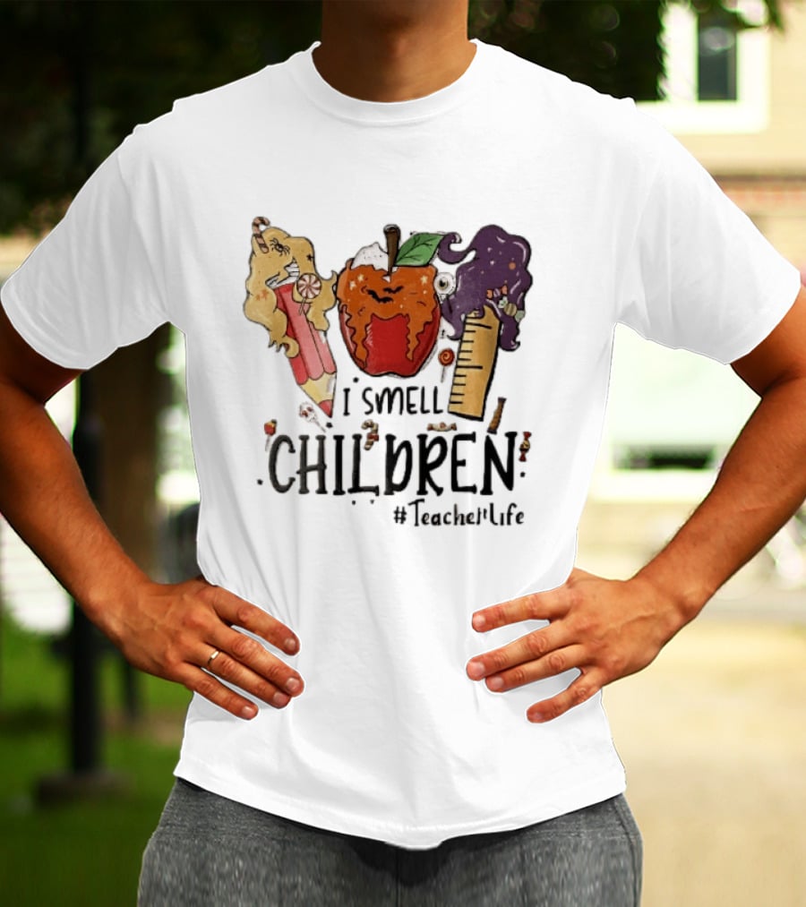 I Smell Children Teacherlife Sanderson Sisters Halloween Pencil Apple Ruler Cartoon T-Shirt