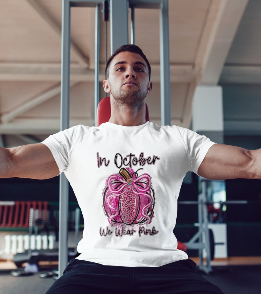 In October We Wear Pink Leopard Pumpkin Breast Cancer Ribbon Bow T-Shirt
