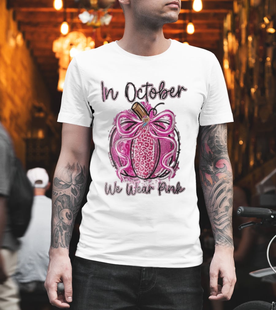 In October We Wear Pink Leopard Pumpkin Breast Cancer Ribbon Bow T-Shirt