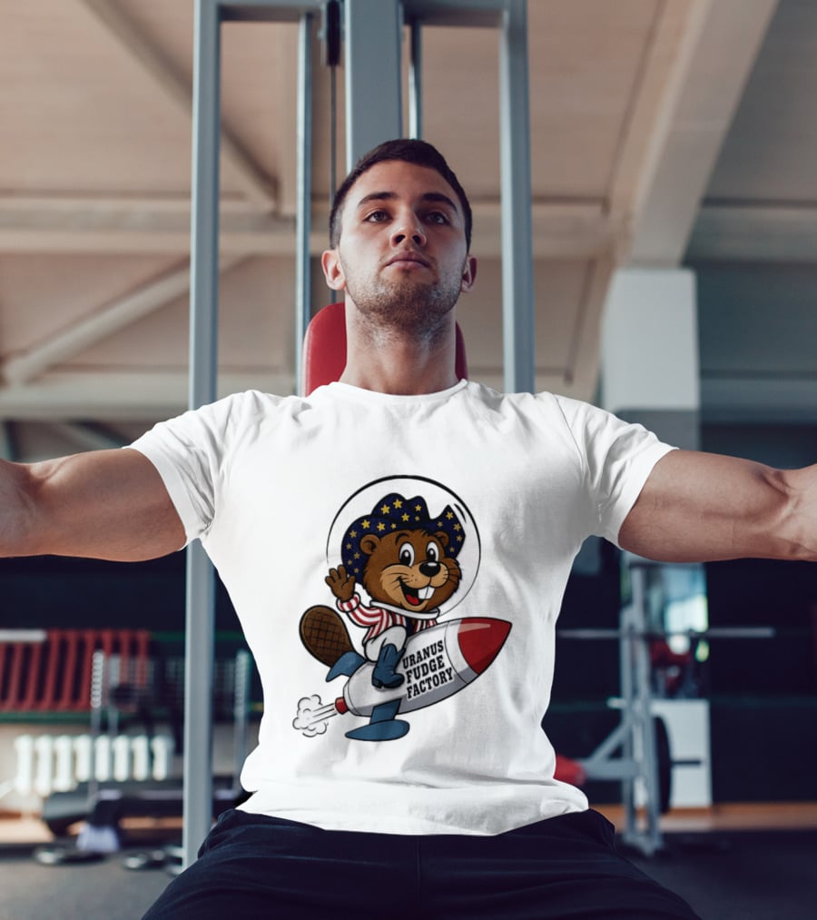 Uranus Fudge Factory Patriotic Beaver Riding Rocket T-Shirt