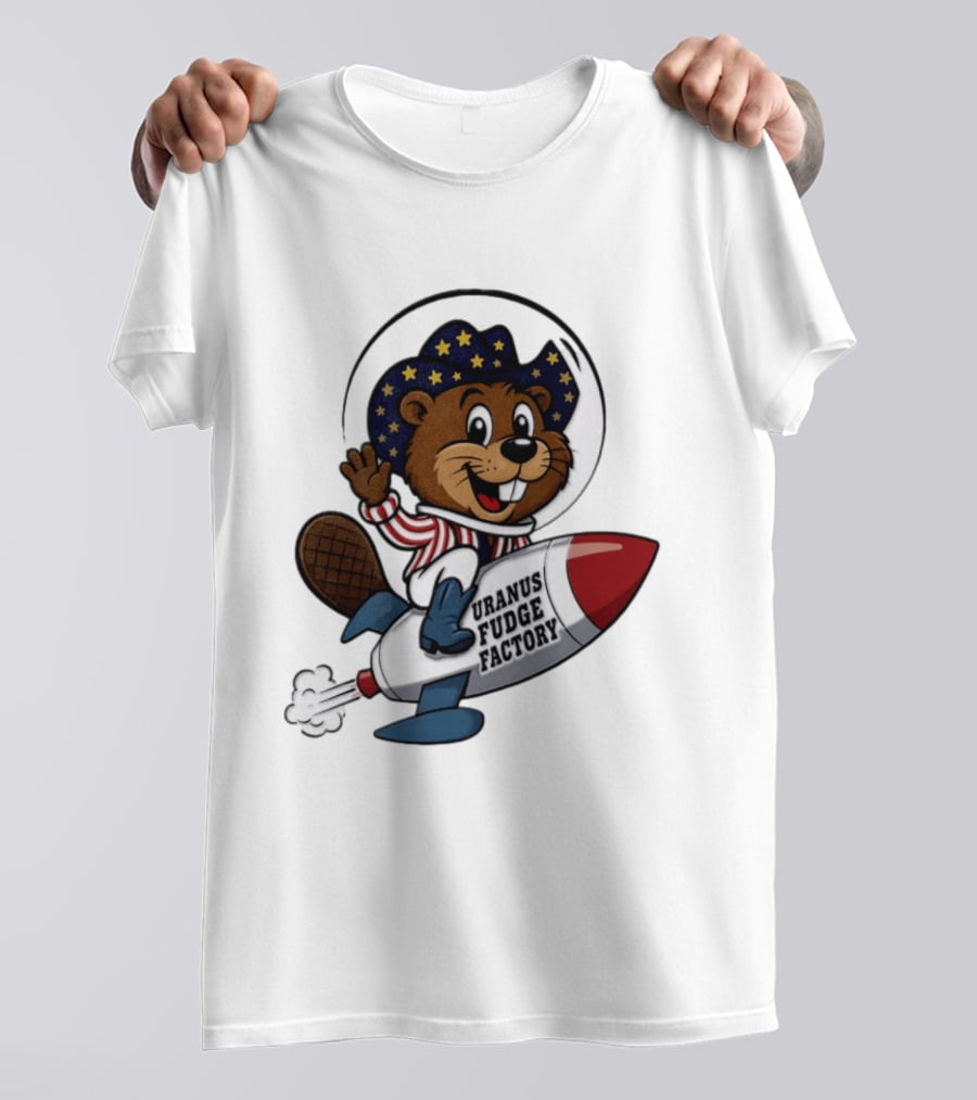 Uranus Fudge Factory Patriotic Beaver Riding Rocket T-Shirt