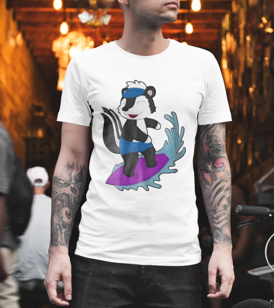 Skunk Surfing Cartoon On Purple Surfboard With Blue Waves And Summer Vibes T-Shirt