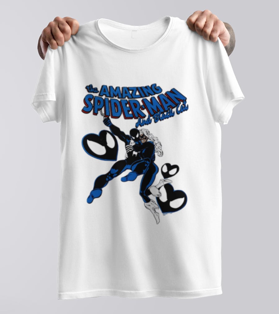 The Amazing Spider Man Hugs Black Cat With Hearts T-Shirt