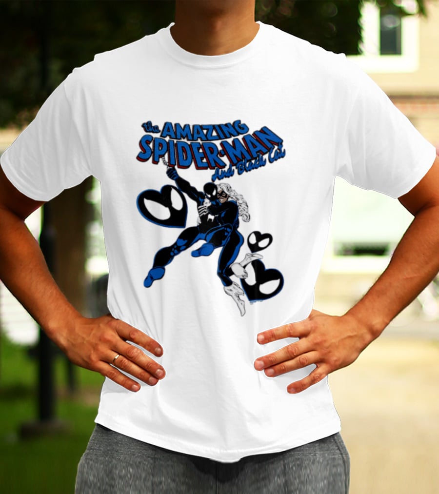 The Amazing Spider Man Hugs Black Cat With Hearts T-Shirt