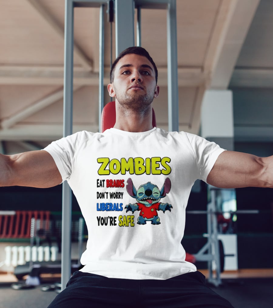 Zombies Eat Brains Don't Worry Liberals You're Safe Stitch Cartoon Creature Stitched Red T-Shirt