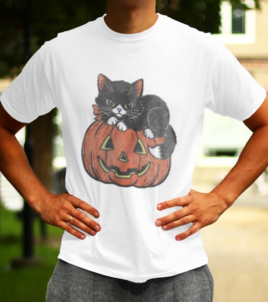 The Pumpkin Cat Halloween Black Cat On Jack O' Lantern T-Shirt
