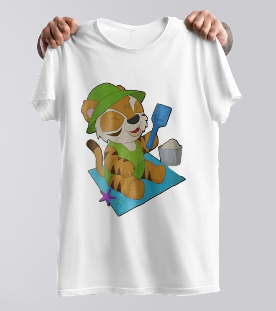 Playful Tiger Beach Sand Adventure Summer Scene T-Shirt
