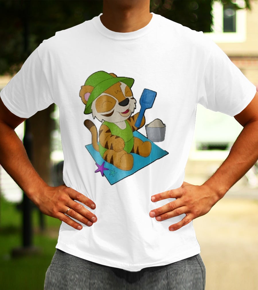 Playful Tiger Beach Sand Adventure Summer Scene T-Shirt
