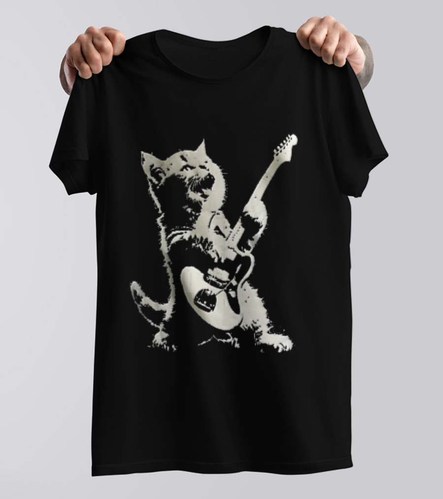 Cat Playing Electric Guitar Rocker Meowing Stencil Splatter Black And White T-Shirt