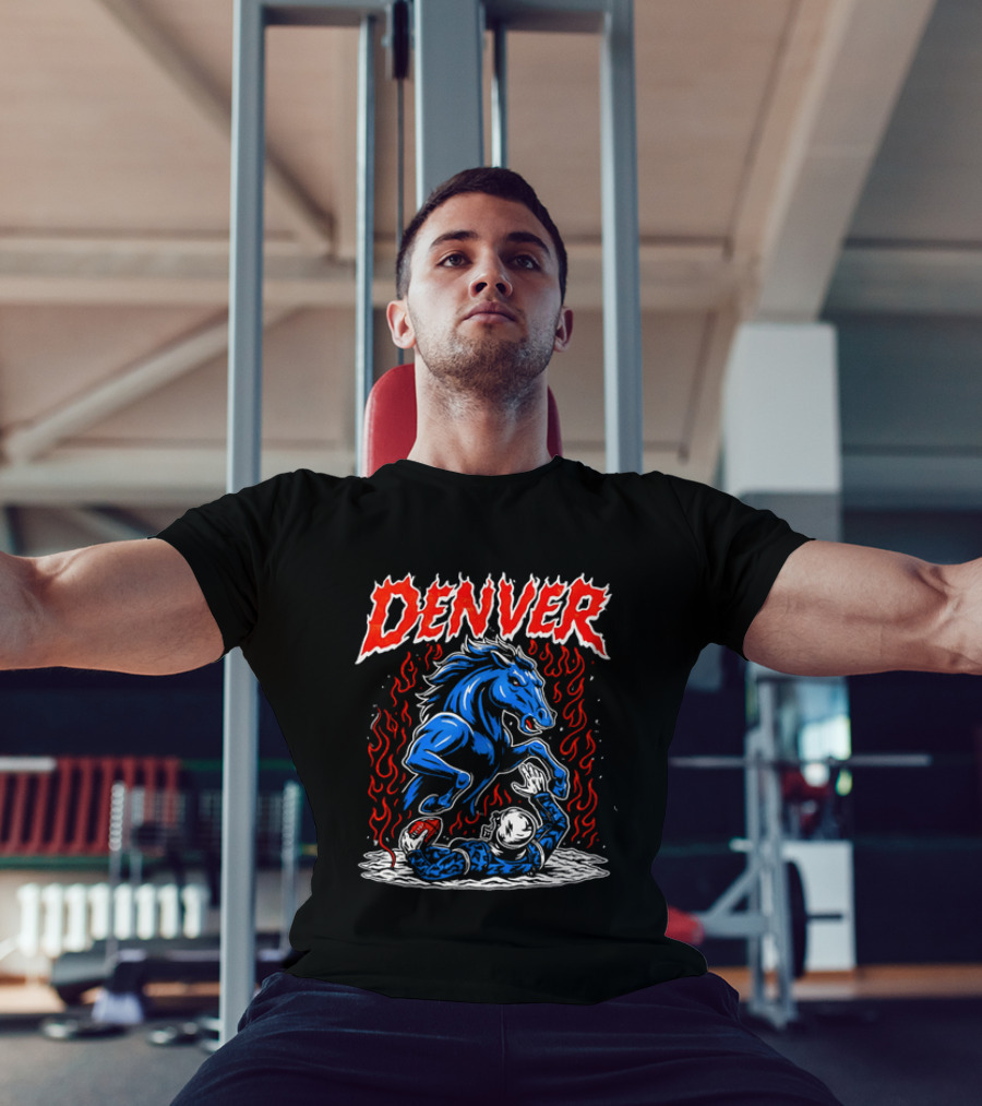 Denver Broncos Blue Horse Fire Football Player Flame T-Shirt