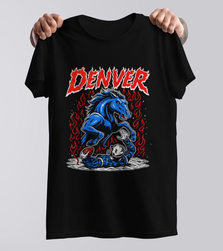Denver Broncos Blue Horse Fire Football Player Flame T-Shirt
