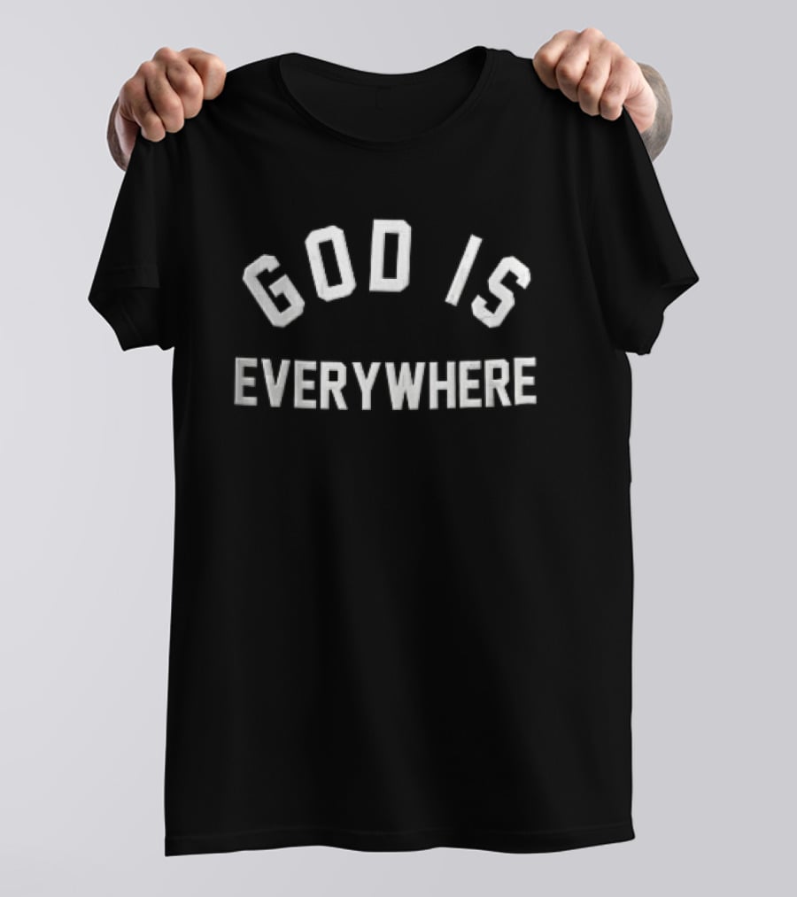 God Is Everywhere Curved Varsity Block White T-Shirt
