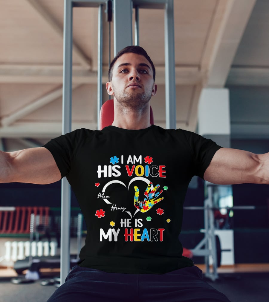 I Am His Voice He Is My Heart Autism Awareness Mom Henry Puzzle Pieces T-Shirt
