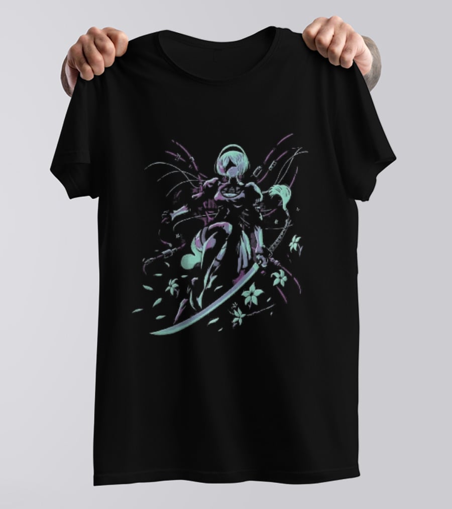 NieR Automata 2B With Pastel Sword And Flower Motif T-Shirt