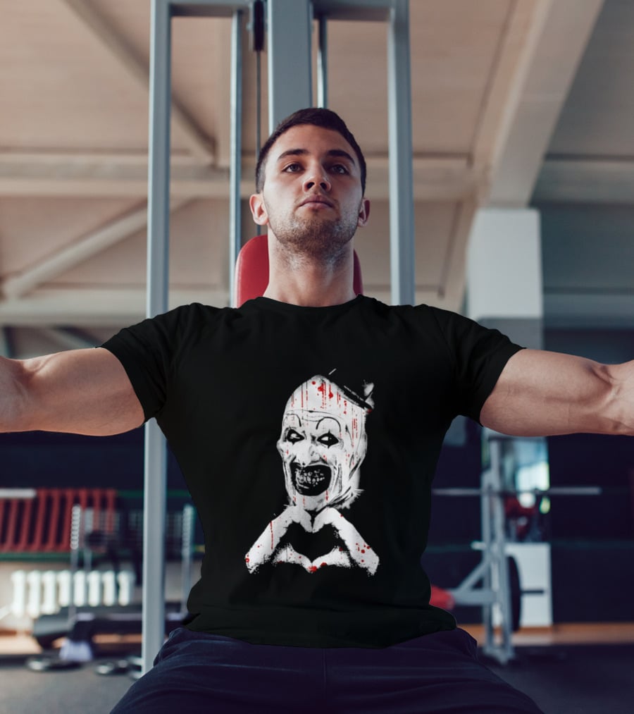 Terrifying Clown With Creepy Heart Hands And Bloody Accents T-Shirt