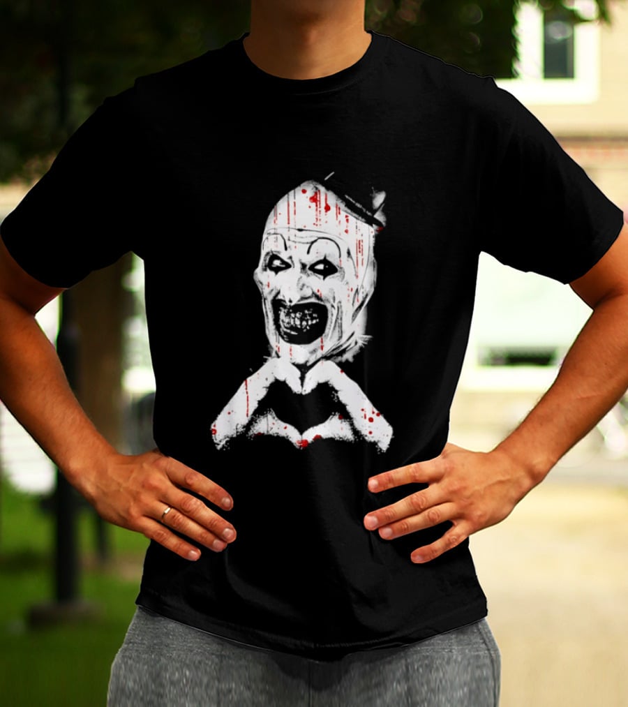 Terrifying Clown With Creepy Heart Hands And Bloody Accents T-Shirt
