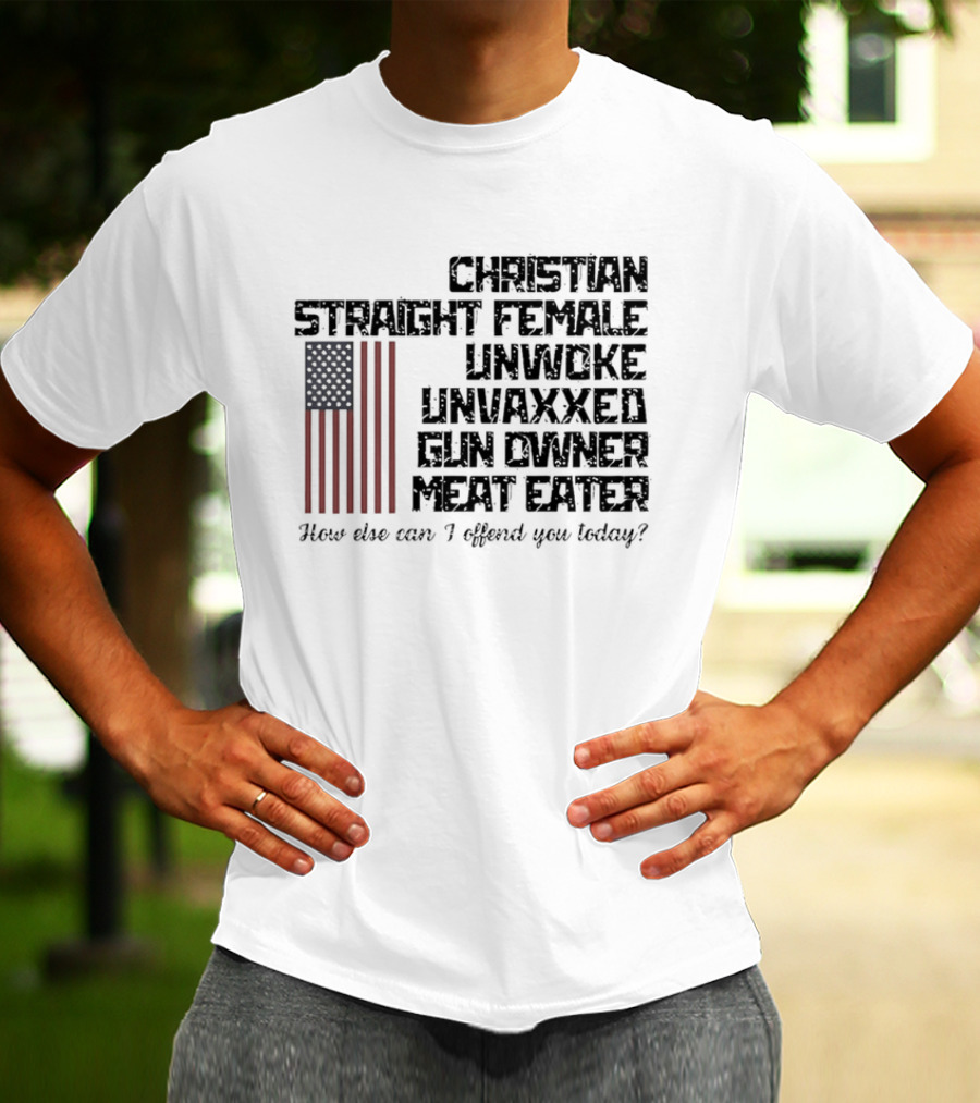 Christian Straight Female Unwoke Unvaxxed Gun Owner Meat Eater How Else Can I Offend You Today USA Flag T-Shirt