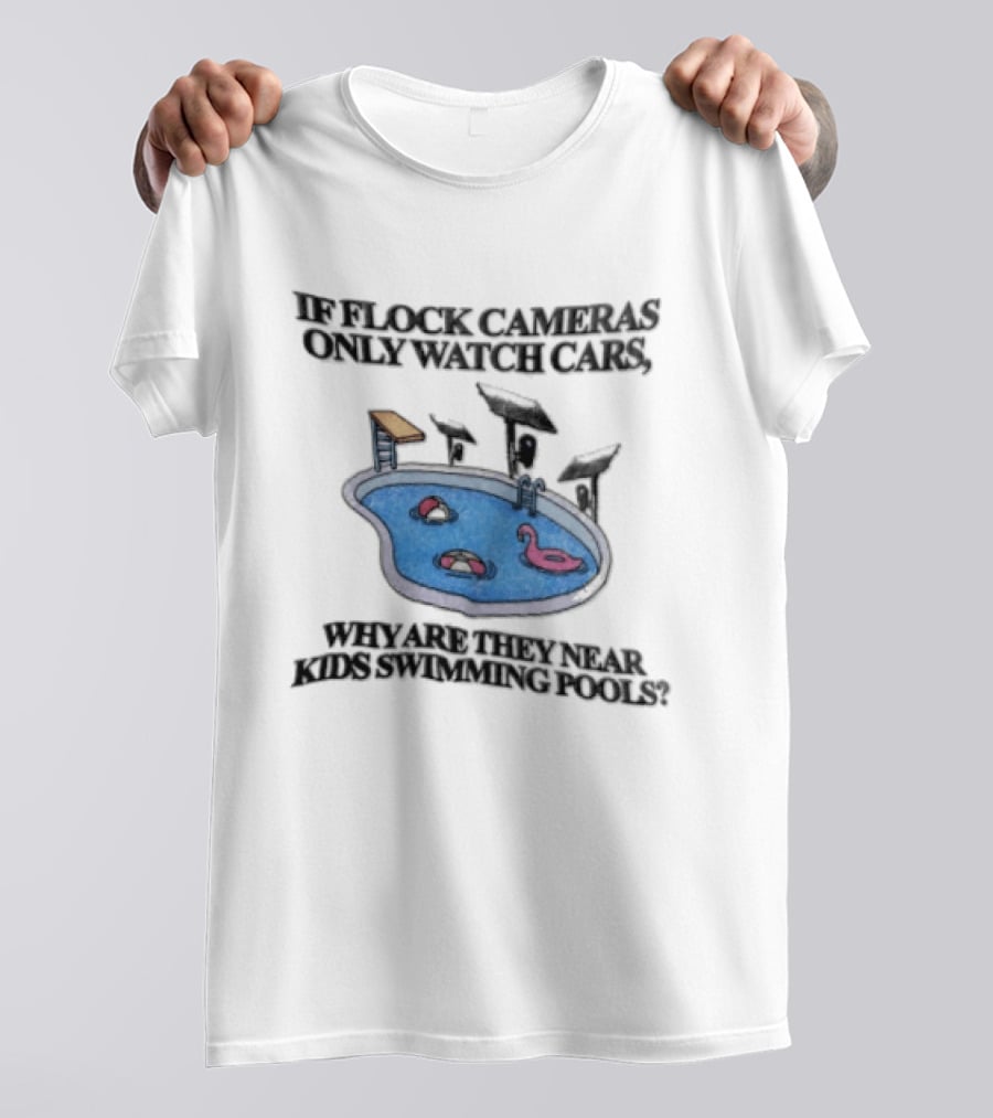 Flock Cameras Cars Near Swimming Pools Pink Flamingo Float Solar Panels Cartoon T-Shirt