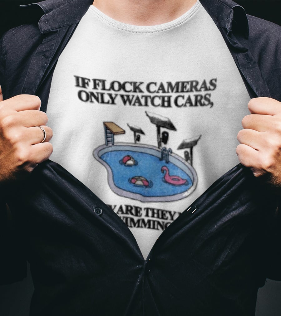 Flock Cameras Cars Near Swimming Pools Pink Flamingo Float Solar Panels Cartoon T-Shirt